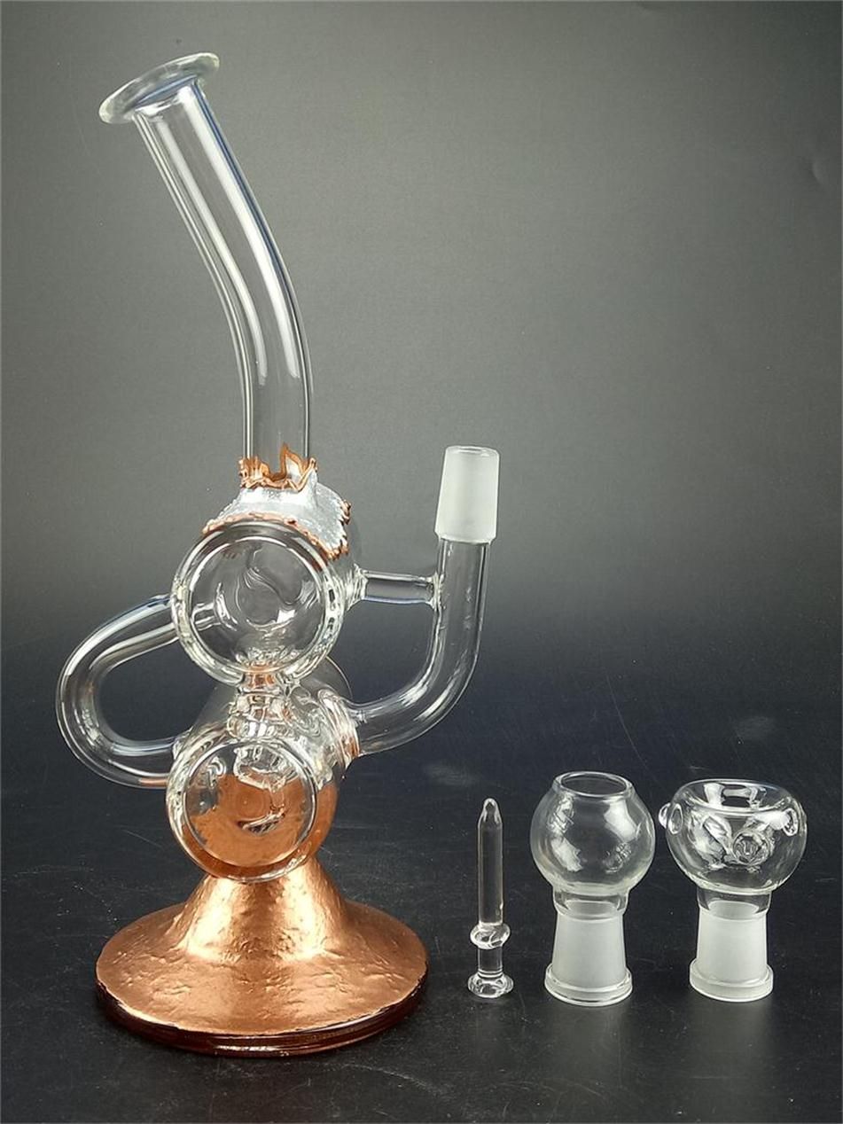 2020 Gold Plating Glass Bong Baby Double Barrel Recycler Vapor Rig