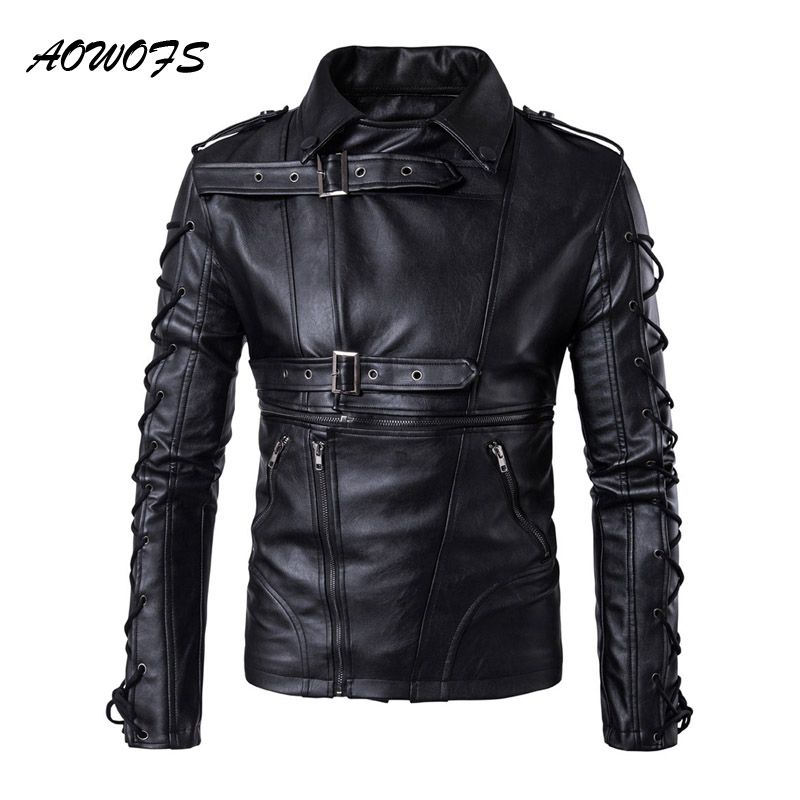 Aowofs Leather Jackets Men Drawstrings Motorcycle Hip Hop Fashion Streetwear 2018 High Quality