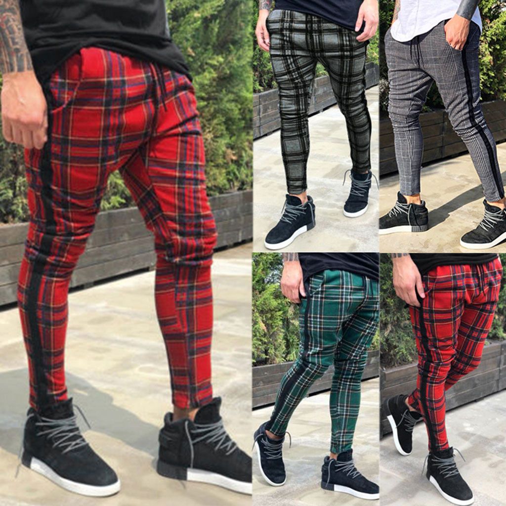 2020 Casual Plaid Joggers Regular Fit Male Streetwear Drawstring Ankle ...