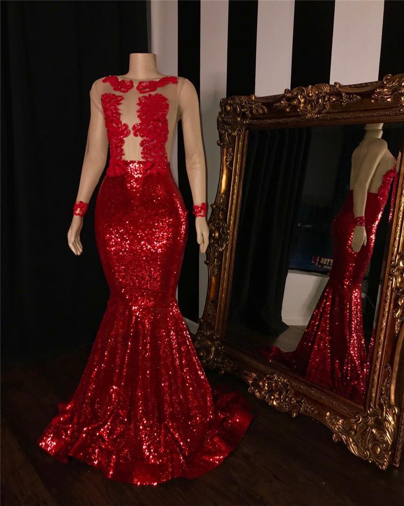 Red Sequined Mermaid Prom Dresses For Black Girls 2019 Sexy Sheer Long ...