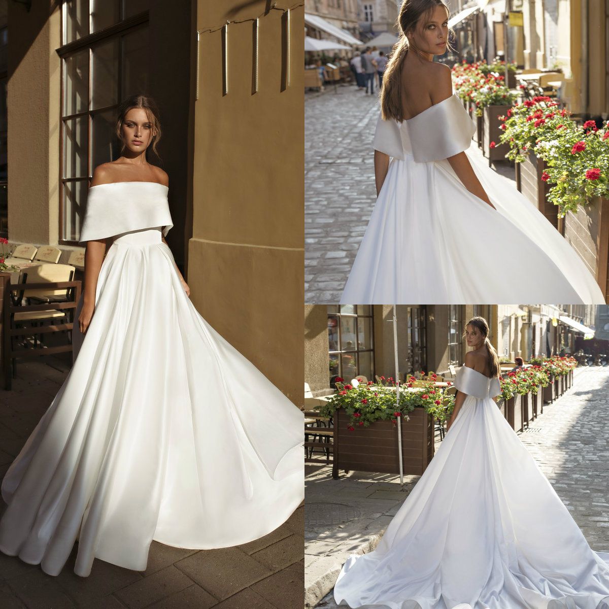 Discount 2019 Elegant Satin Wedding Dresses Off The Shoulder Sweep
