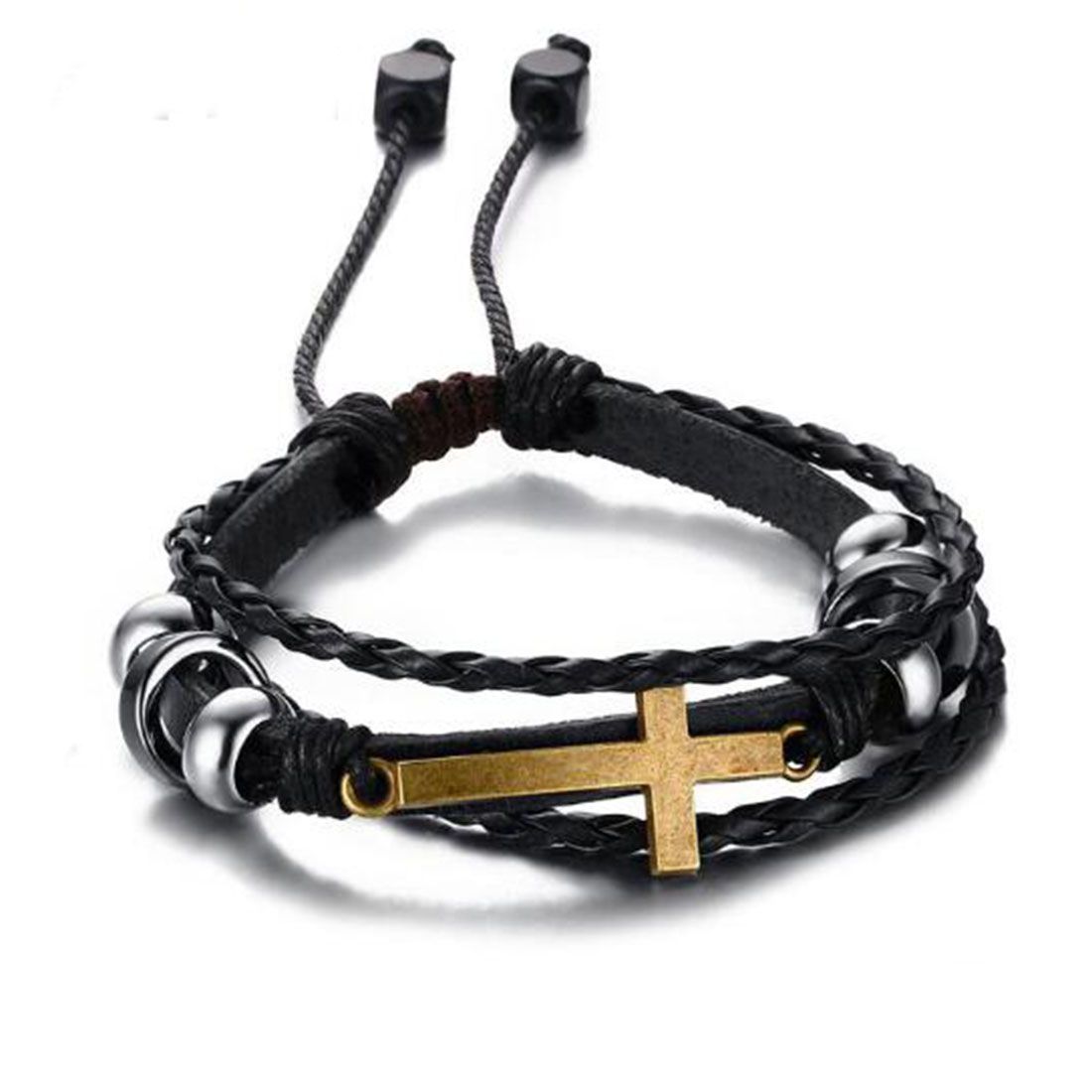 Leather Bracelet Cross Religious Christian Vintage Brown Gold Alloy