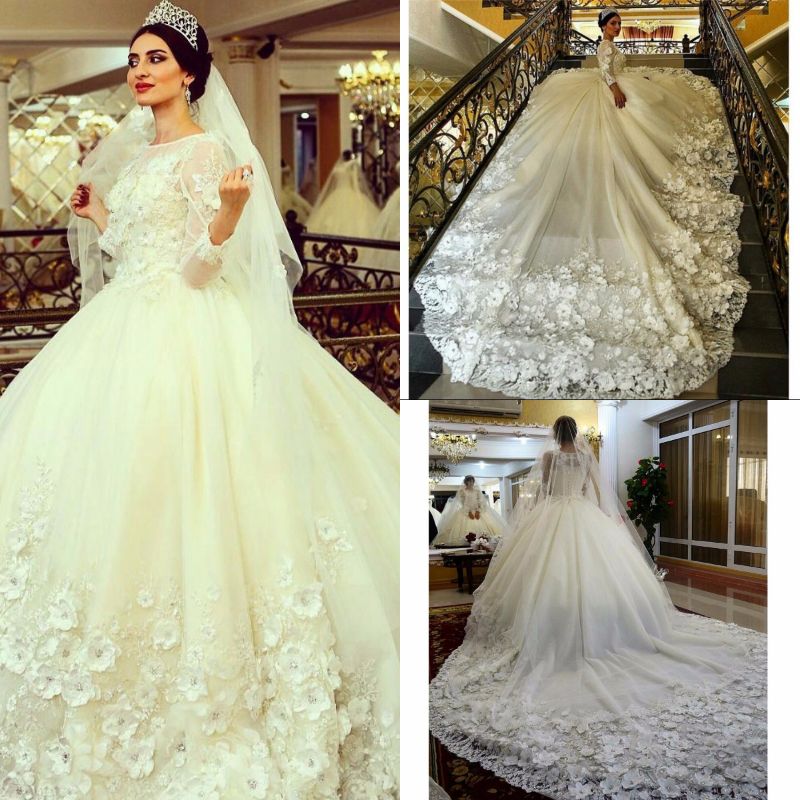 Fairytale Ball Gown Wedding Dresses With Bling Train Jewel Neck