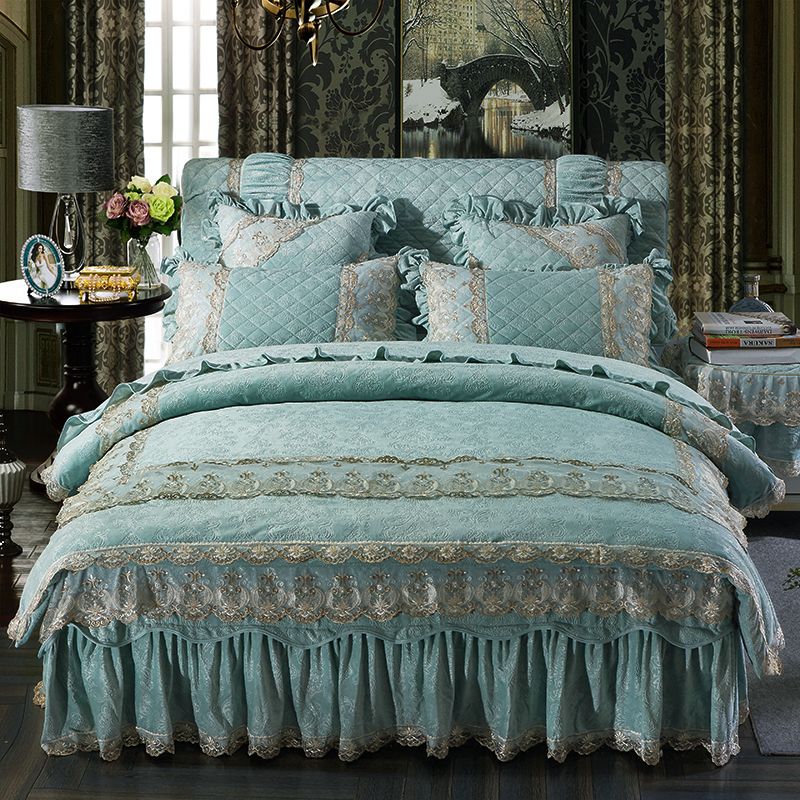 Bedding Set Queen Size Bed Sets Princess Style Blue Pink Fleece Bedding Set Queen Size Bed Sets Princess Style Blue Pink Fleece Cover Duvet Skirt Bedspread Dekbedovertrek Cotton Comforter