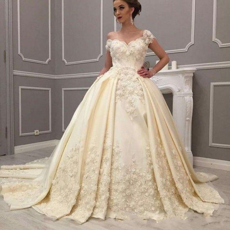 2019 Arabic Luxury Cream  Off Shoulder Ball Gown  Wedding  