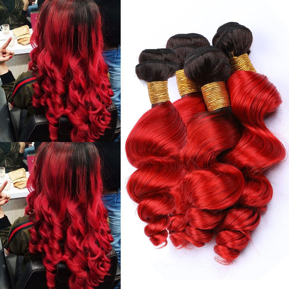 Virgin Peruvian Human Hair Ombre Red Dark Roots Loose Wave Weave