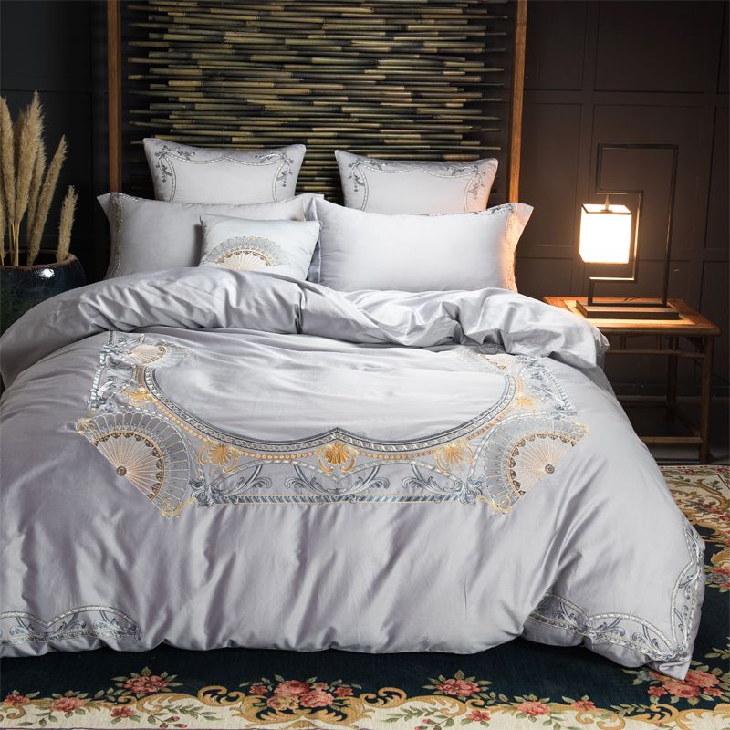 Grey Green Oriental Embroidery Luxury Bedding Sets King Queen Size Bed Set Egyptian Cotton Sheet Duvet Cover Pillowcases