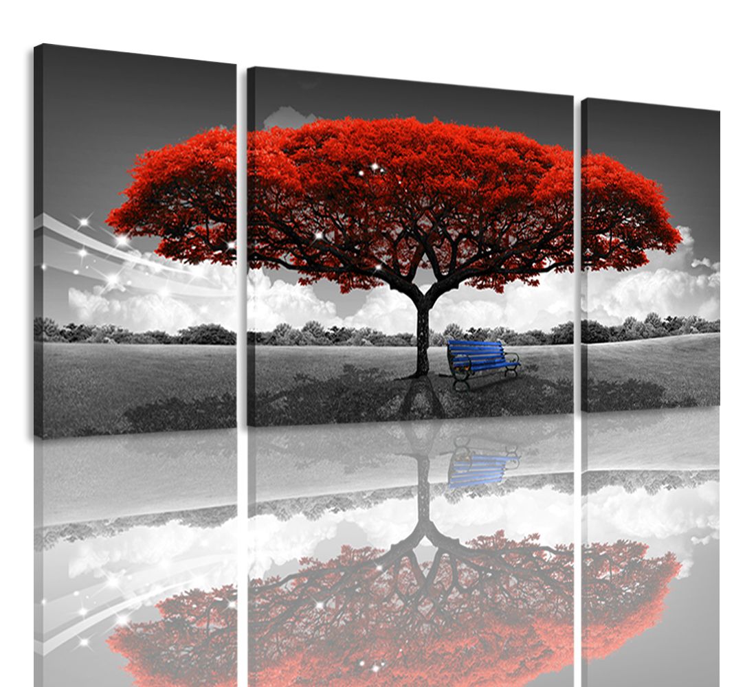 Amosi Art Canvas Wall Red Tree Picture Print On Landscape Painting Modern Giclee Artwork Framed Ready To Hang For Home Decoration