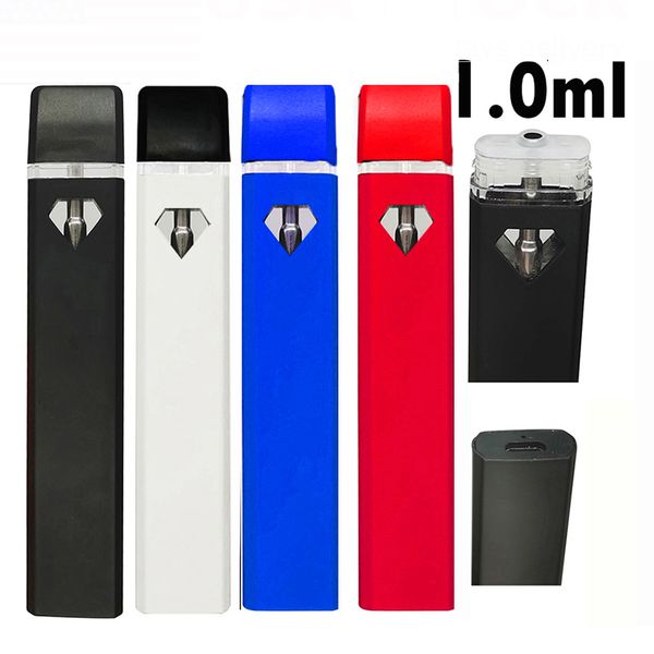 1,0 ml jetable Vape Pen E-cigarette Pod Chariots épais huile vide rechargeable 280mah batterie bobine en céramique échantillon vaporisateur plat diamant fenêtre stylos noirs logo personnalisé