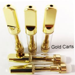 1,0 ml vape-cartridges E-sigaret Goudkleurige karren Lege dikke olieverstuivers Gouden platte schroef in mondstuk Keramische spoel Glazen tank 510 draadverstuiver Aangepast logo