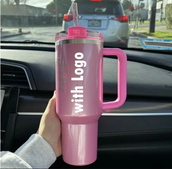 1: 1 Logo Cosmo Pink Tumblers Winter ROSE Shimmery ÉDITION LIMITÉE Gobelets de 40 oz Tasses de 40 oz Grande capacité Bouteille d'eau de bière Cadeau de Saint Valentin Pink Parade u0109