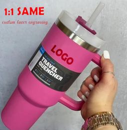 1: 1 mismo Listo para enviar Botellas de agua de 40 oz con asa Tazas para automóvil Tazas aisladas Tapas esmeriladas y pajitas Vaso de café de acero inoxidable Tazas termos con LOGO B1226