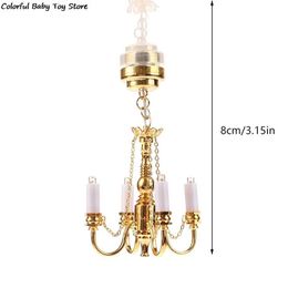 1 12 Poppenhuis Miniatuur Lamp LED Plafondlamp Gouden Kroonluchter Droplight Verlichting Meubelen Model Decor Speelgoed 240305