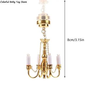 1 12 Poppenhuis Miniatuur Lamp LED Plafondlamp Gouden Kroonluchter Droplight Verlichting Meubelen Model Decor Speelgoed 240202