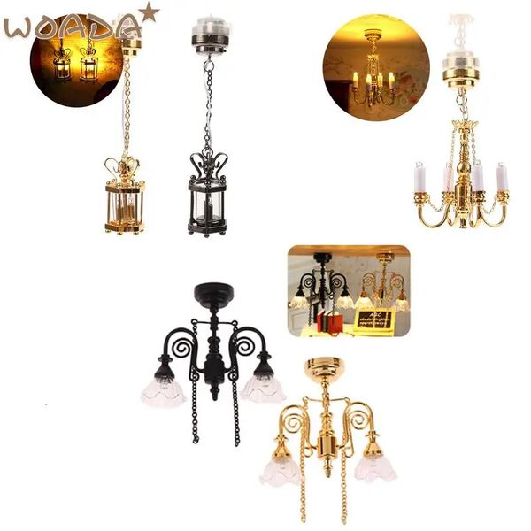 1/12 Dollhouse Miniature LED Plafonnier Or Lustre Droplight Éclairage Lumières À Piles Meubles Modèle Décor Jouet 240223