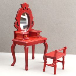 1:12 Dollhouse Miniatuur houten make -upkruidtafel met ontlasting kleedkast opslagpoppen slaapkamer badkamer meubels decor