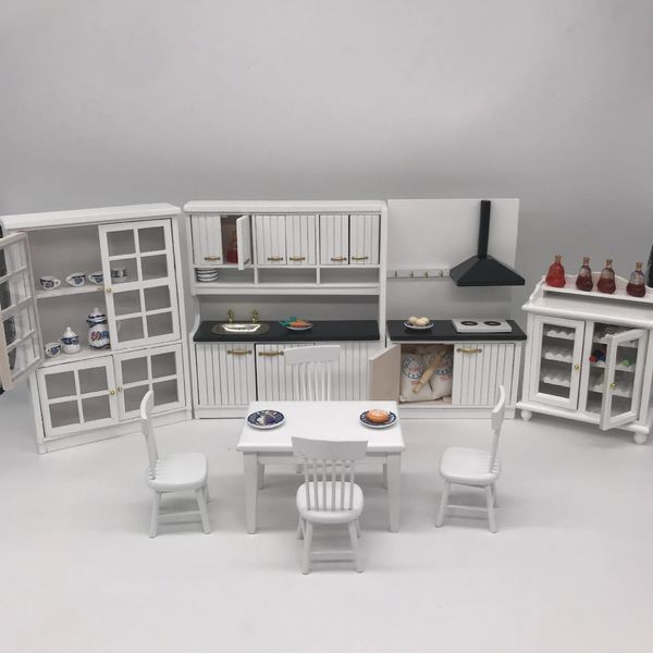 1/12 Mini meubles de cuisine blancs maison de poupée cuisine Table à manger et chaise maison de poupée accessoires placard lavabo armoire jouet 231225