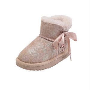 1-12 ans bottes de neige pour enfants hiver en cuir véritable filles garçons chaussures en peluche coupe arc chaud coton enfants bottes 21-37 211108