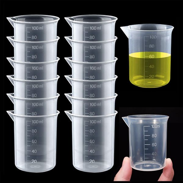 1-12pcs 100 ml de mesure de mesure de la tasse à échelle en plastique transparent tasses de bécher Lab Laboratory Laboratory Jugs Cuisine Baking Tool