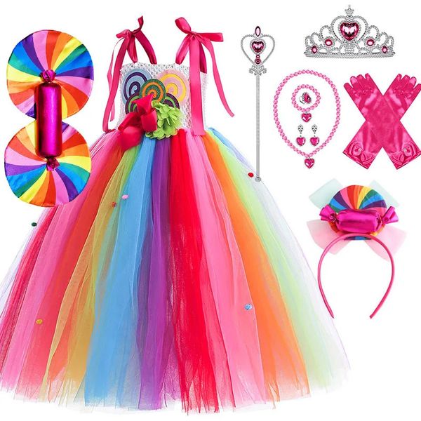 1-12Y mignon sucette bonbons enfants maille Tutu robe carnaval fête enfants fille anniversaire Costume fantaisie arc-en-ciel enfants vêtements de mariage 240109