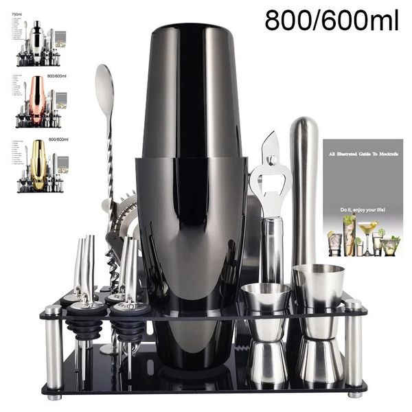 1-14 Unids / set 600 ml 750 ml Coctelera de acero inoxidable Mezclador Bebida Bartender Navegador Kit Barras Conjunto Herramientas con soporte para estante de vino 240306