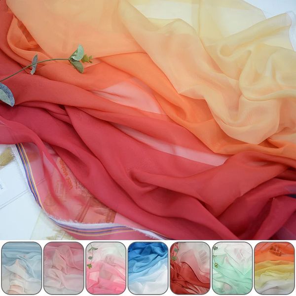 1/2/3/5M arc-en-ciel dégradé couleur mince en mousseline de soie tissu Organza Tulle tissu pour bricolage Style ancien Hanfu robe scène Costume décor 240309