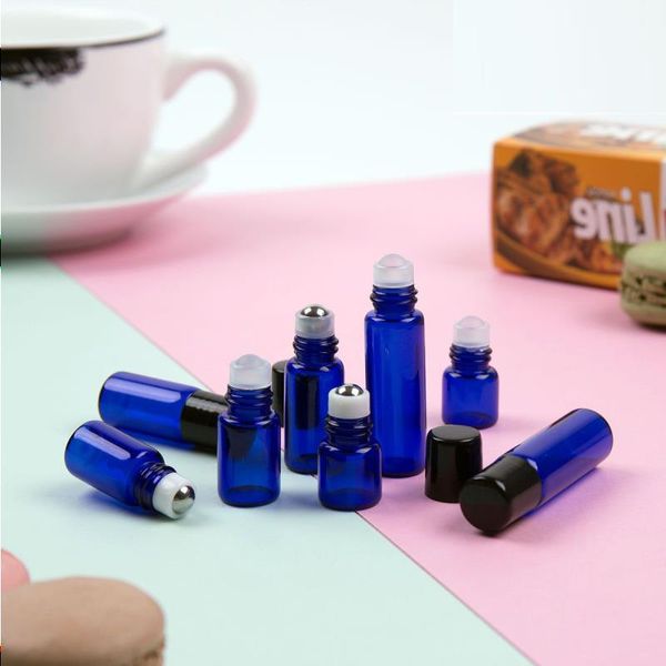 1 2 3ML Micro Mini Cobalt Bleu Verre Roll-on Bouteilles en verre avec billes métalliques rechargeables Flacon d'échantillon mince Huile essentielle Roll On (B Vugh