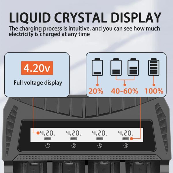 1/2/4 Slot USB Smart LCD Battery Carger para 18650/26650/21700/18500/16340/145004.2V Batería de litio recargable Ni-MH AA/AAA