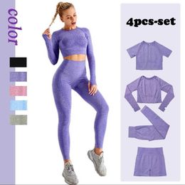 1/2 / 4st Seamlwomen Yoga Set Workout Sportkleding Gym Kleding Fitnlong Mouw Crop Top Hoge Taille Leggings Sports Suits X0629