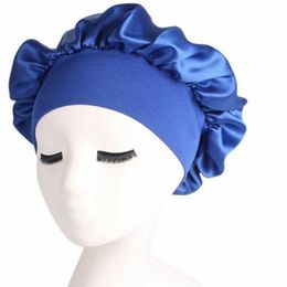 1 2 5 10PCS 58cm Bonnets de douche de couleur unie Soins des cheveux longs Femmes Satin Bonnet Cap Nuit Sommeil Chapeau Soie Head Wrap Ajuster Shower Caps2338