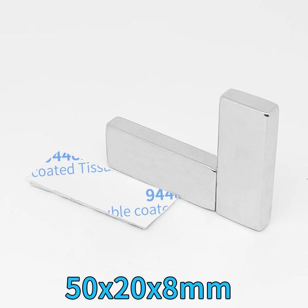 1/2 / 5pcs 50x20x8mm Block Super puissant aimants magnétiques forts avec bande 3M 50 * 20 * 8 quadrate grand aimant NDFEB permanent 50x20x8