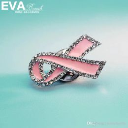 Broche de lazo de cinta esmaltada rosa con diamantes de imitación transparentes en tono plateado de 1,2 pulgadas, pines para concientización sobre el cáncer de mama
