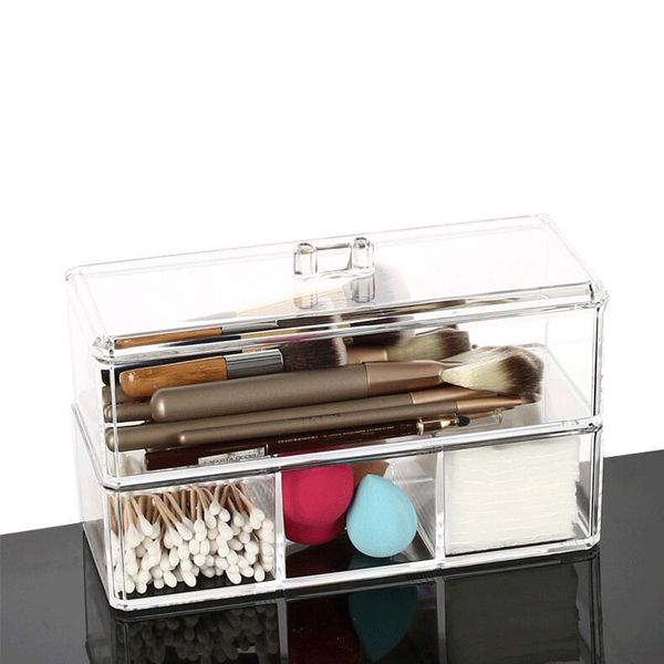 Boîte cosmétique Organisateur de 1/2 couche Conteneur de rangement de coton avec couvercle Porte-pinceau en acrylique