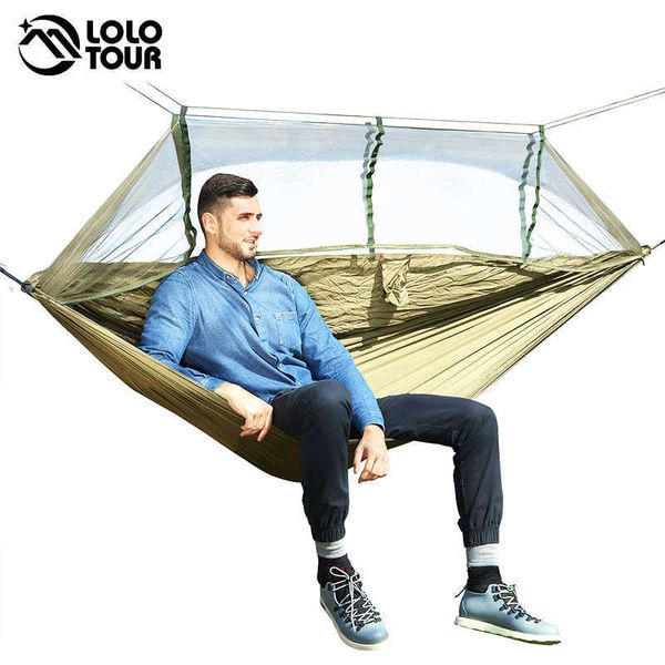 1-2 personas al aire libre Mosquitera Paracaídas Hamaca Camping Colgando Cama para dormir Columpio Silla doble portátil Hamac Army Green SH190924