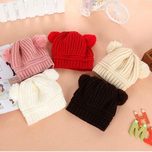 1-2 ans enfants Pom Pom Beaies hiver tricoté chapeau chaud laine chapeau crâne Beanie Double boule de fourrure enfants tricot extérieur casquettes