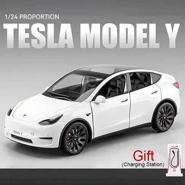 1/24 échelle Tesla modèle Y en alliage moulé sous pression jouets modèles de voiture Simulation avec lumière sonore tirer vers l'arrière fonction Collection garçons jouet cadeaux 240124