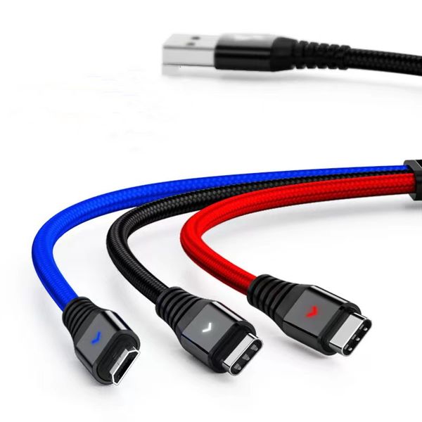 1.2M 3 en 1 Câbles Micro USB Type C Câble de chargeur de charge rapide pour Samsung S22 S21 S20 Pixel Xiaomi Lumière LED USBC Câble USB-C Chargeurs Cordon