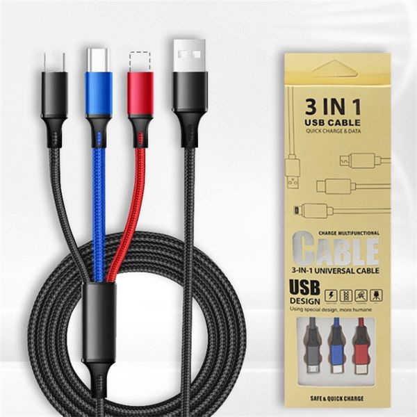 1.2M 3 en 1 données de tresse en nylon chargeant plusieurs câbles de chargement USB 3A câble IOS Type C Micro pour iphone samsung huawei LG avec boîte de vente au détail