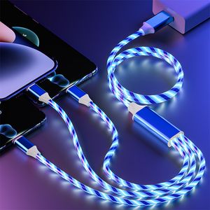 Cables de teléfono móvil de 1,2 M 2A luz LED que fluye brillante 3 en 1 Cable de carga USB Cable de cargador Micro tipo C para Samsung Xiaomi Huawei
