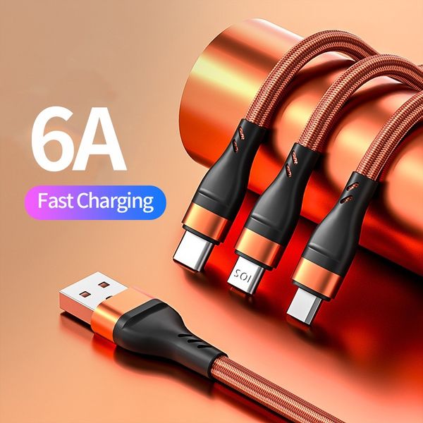 1,2M Câbles de données trois-en-un Accessoires 66W 5A Charge rapide Android Type-C pour Samsung Galaxy S10 S20 S22 OPPO A5 A9 A32 A72 A92 Realme 7 8 9 Cordon de chargement