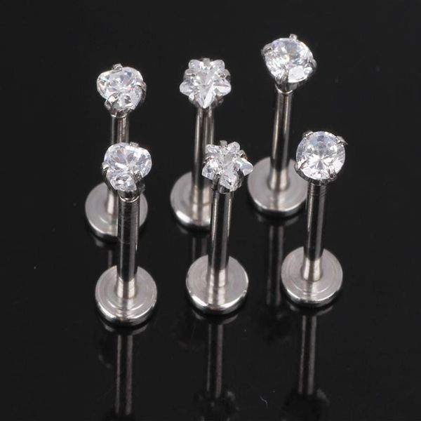 1 2x8x3mm 16G argent filetage interne Prong Gem Labret piercing à lèvres Zircon labret anneau Tragus Earring321O