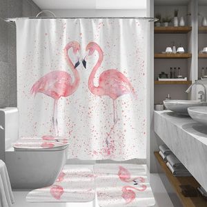 1/3/4 Pcs 3D Flamingo Étanche Rideau De Douche Anti-moisissure Couverture De Toilette Tapis Antidérapant 3 pcs Toilette Salle De Bains Décor avec 12 Crochets T200711