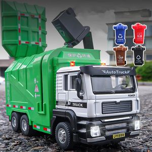 1 32 Stad Garbage Truck Car Model Diecasts Metal Sorting Sanitation Vehicle Sound and Light Kids Toys Cadeau 231221