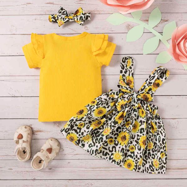 1-4 años Conjuntos de ropa para niñas pequeñas Camiseta de punto acanalado de manga corta + Falda con tirantes con estampado de leopardo de girasol + Diadema G220217