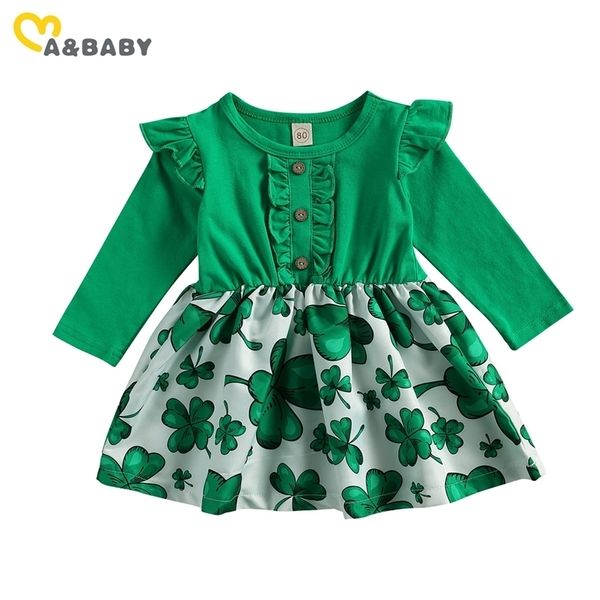 1-4Y Infant Toddler Kid Baby Girls Dress Green Clover Print Vestidos de fiesta de manga larga Disfraces 210515