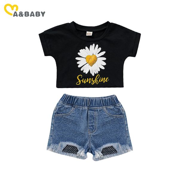 1-4Y Été Fleur Enfant Enfant Fille Vêtements Ensemble Tournesol T-shirt Tops Denim Shorts Jeans Tenues Costumes 210515