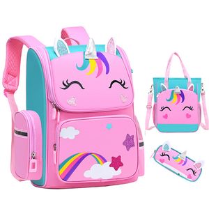 1-5 graad basisschoolstudenten rugzak voor meisjes 3D cartoon eenhoorn schooltas kinderen schattige regenboog mochila escolar 220725