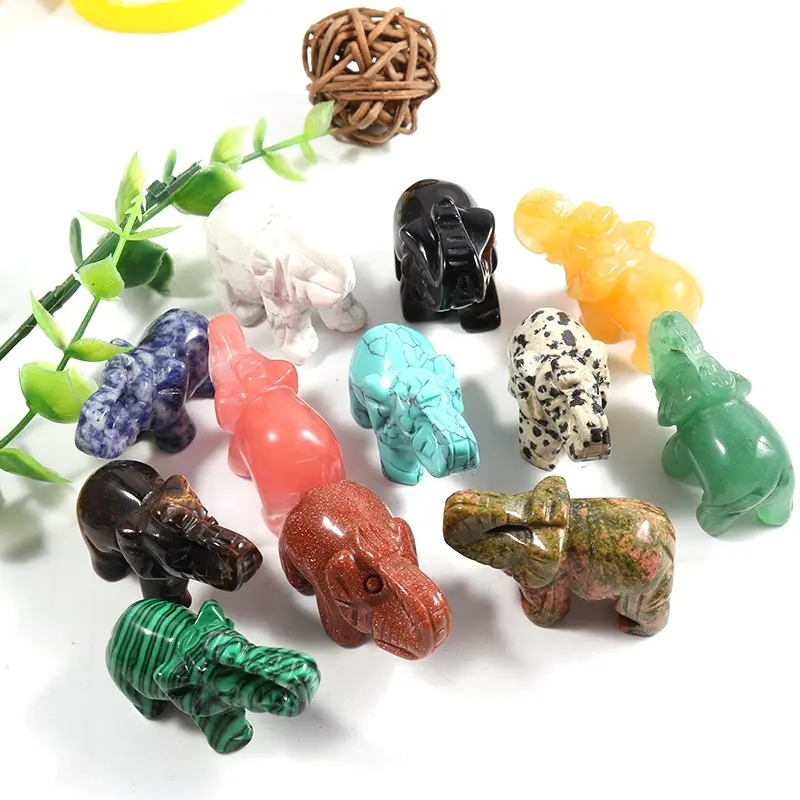 Estátua de elefante com pedras preciosas de cura esculpidas em cristal de 1,5 polegadas ornamento para decoração de animais em casa Fengshui