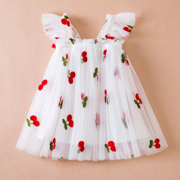 Vestido sin mangas de verano para niñas de 1 a 5 años, vestidos con bordado de cerezas, disfraces para niñas, vestidos de tul blanco con espalda de mariposa