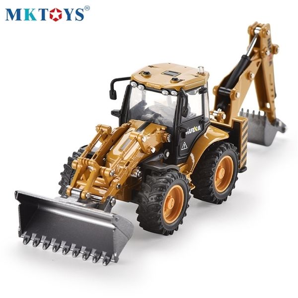 1:50 alliage moulé sous pression 4 roues pelle chargeuse bidirectionnelle pelle chariot élévateur Bulldozer arrière houe camion modèle pour enfants cadeau jouets 220418